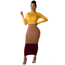 C4496 New design fashion round neck long sleeve tri-color stitching slim pencil dress for woman
